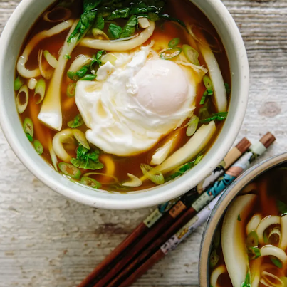 Udon Soup with Bok Choy and Poached Egg